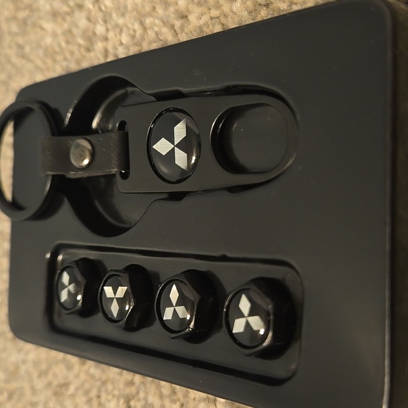 Mitsubishi Black & Silver Car Tire Valve Caps and Keychain Set - Picture 2 of 4